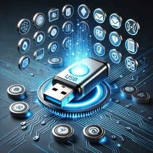 Ilustración digital de una memoria USB con un aura azul brillante, rodeada de iconos flotantes de software, representando la portabilidad y la tecnología.