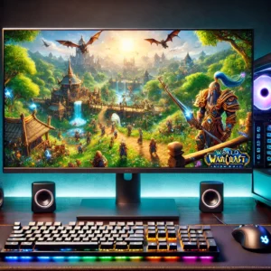 Configuración de juego en pantalla ancha con Warcraft III en un monitor de alta resolución. Se muestra una épica batalla con personajes detallados, efectos mágicos y un entorno medieval con bosques vibrantes. Un escritorio gamer con teclado mecánico, mouse y luces RGB ambienta la escena.