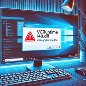 Pantalla de Windows 10 mostrando un error de falta del archivo VCRUNTIME140.dll con un mensaje de advertencia en rojo.