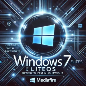 Imagen promocional de Windows 7 EliteOS, con un diseño moderno y tecnológico. Presenta el logotipo de Windows 7 con un estilo futurista, un fondo azul y negro con efectos digitales y líneas brillantes. Incluye el texto "Windows 7 EliteOS – Optimized, Fast & Lightweight" junto con un ícono de descarga y el logo de Mediafire.