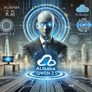 Representación digital futurista de la inteligencia artificial Qwen 2.5 de Alibaba, con un entorno tecnológico avanzado, flujos de datos brillantes y un fondo de ciudad cibernética, destacando la competencia en el sector de IA.