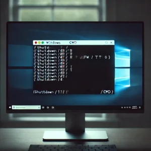 Pantalla de computadora mostrando el Símbolo del sistema (CMD) con el comando shutdown /r /fw /t 0 para acceder a la BIOS en Windows.