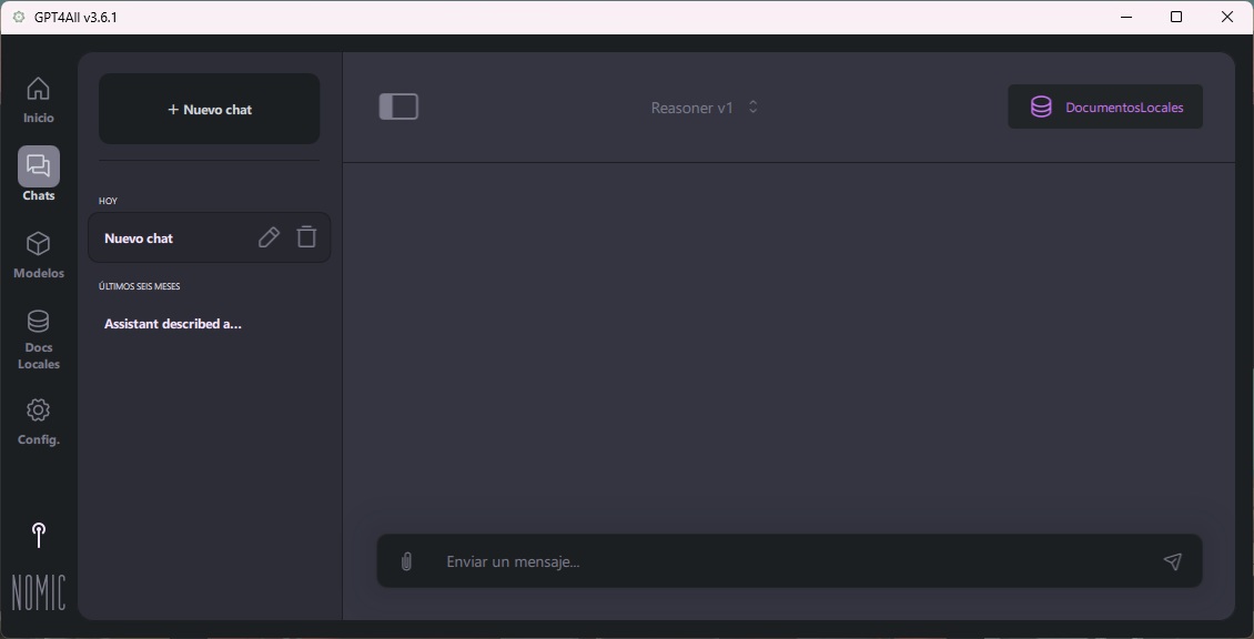 Interfaz de usuario de GPT4All v3.6.1 con diseño oscuro, mostrando el menú lateral con opciones como Inicio, Chats, Modelos, Documentos Locales y Configuración.
